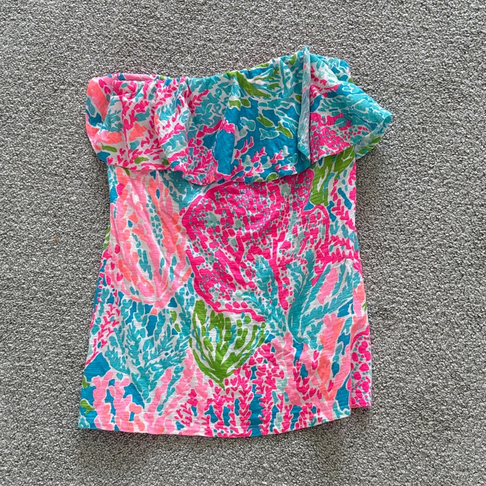 Lilly Pulitzer Vibrant Pink and Blue strapless Blouse